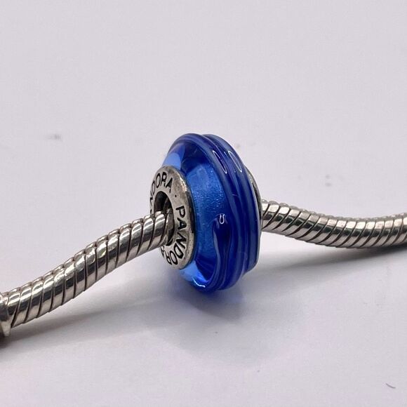 Pandora Blue Ribbon Murano Glass Charm Style 790612 S925 ALE Wide - Picture 1 of 6
